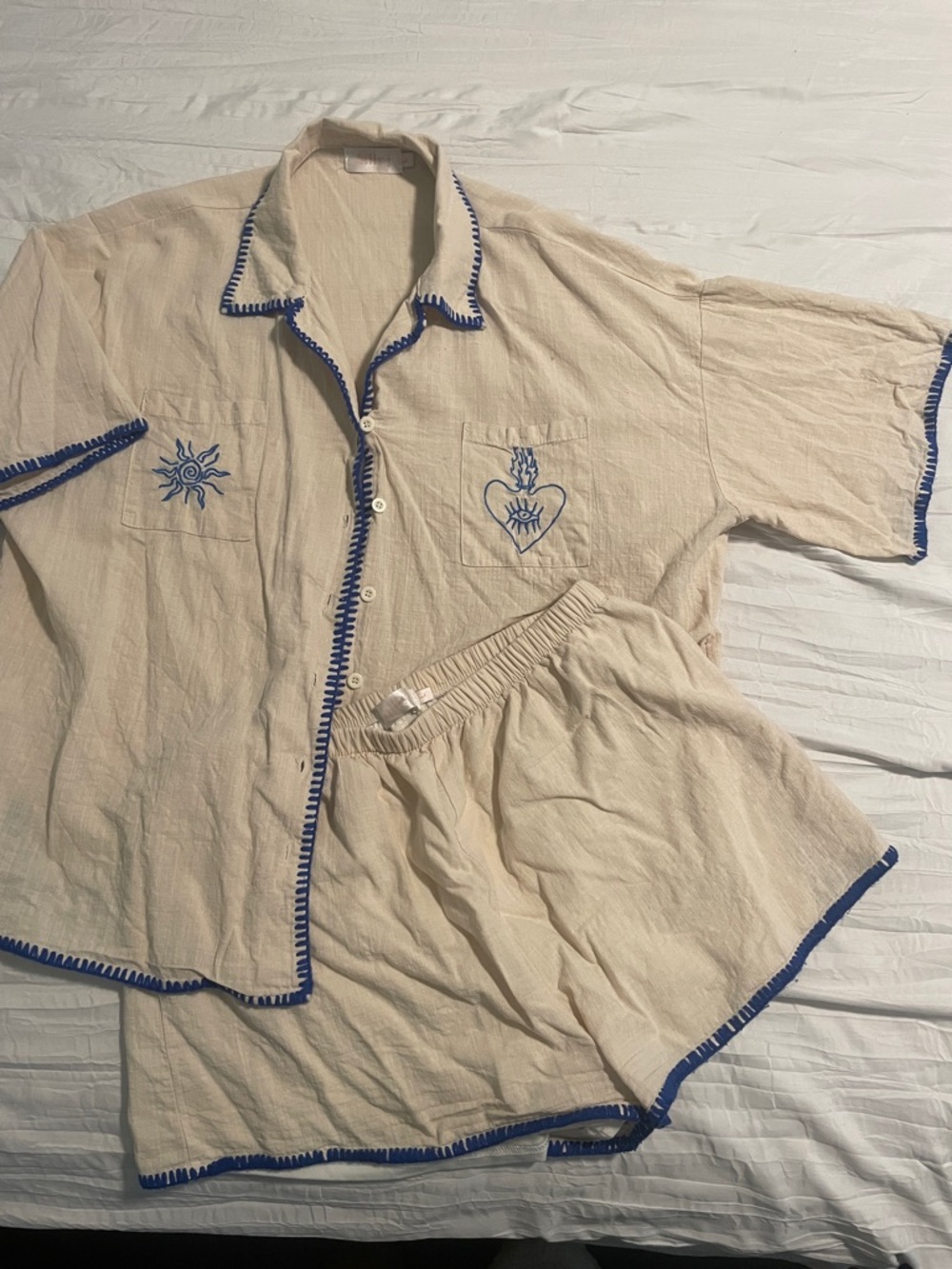 Beige Two-Piece  Set with Blue Trim and Embroidered Motifs